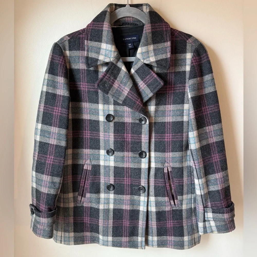 Lands' End Women's Plaid Wool-Blend Peacoat - Gray & Purple, Sz 10 P - Picture 1 of 10
